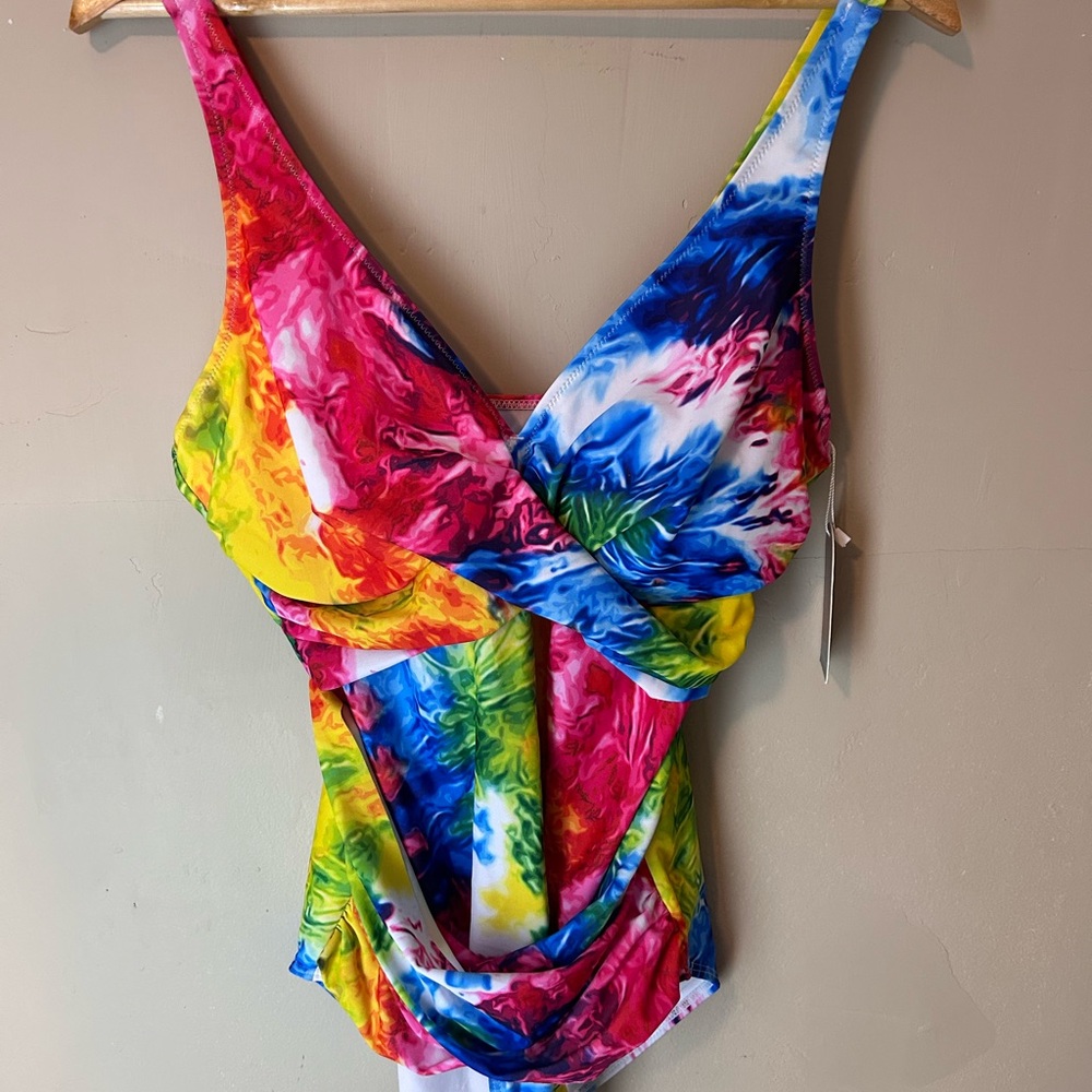 NWT Smismivo Tummy Control 1 Piece Push Up Bathing Suit Size L Neon Swirl V-Neck - Picture 3 of 11
